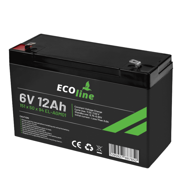 EcoLine – AGM 6V 12AH – 12000 mAh VRLA-Batterie – 151 x 50 x 94 – Deep-Cycle-Batterie