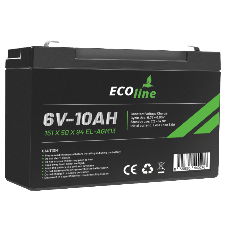 EcoLine – AGM 6V 10AH – 10000 mAh VRLA-Batterie – 151 x 50 x 94 – Deep-Cycle-Batterie