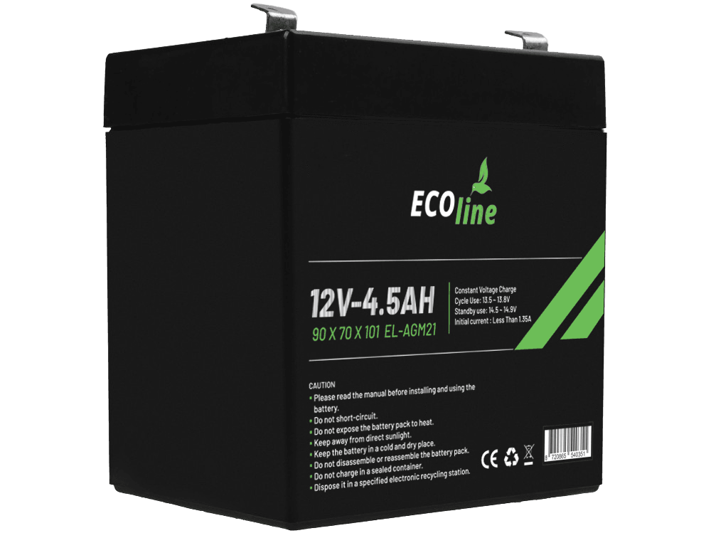 EcoLine – AGM 12 V 4,5 Ah – 4500 mAh VRLA-Batterie – 90 x 70 x 101 – Deep-Cycle-Batterie
