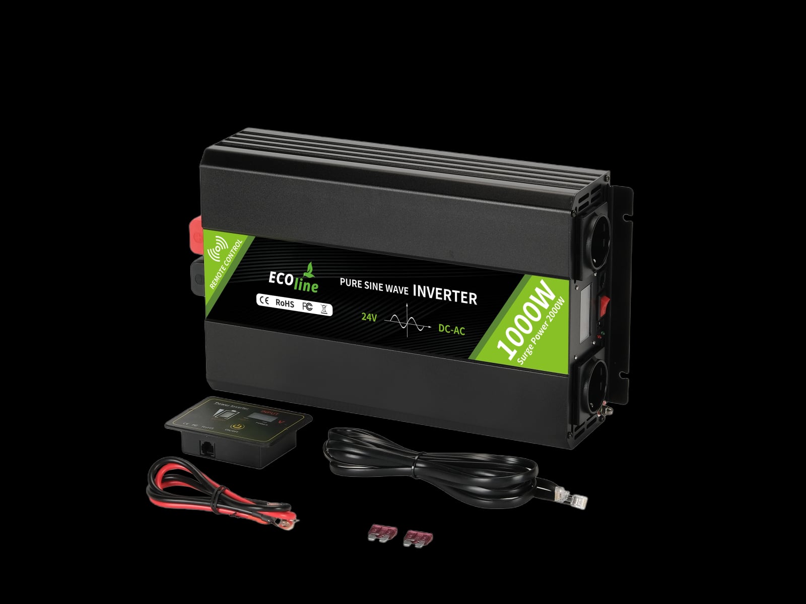 EcoLine – Wechselrichter 24 V auf 220 V/230 V – 1000 W Leistung – reine Sinuswelle – Auto-Wechselrichter – ferngesteuert