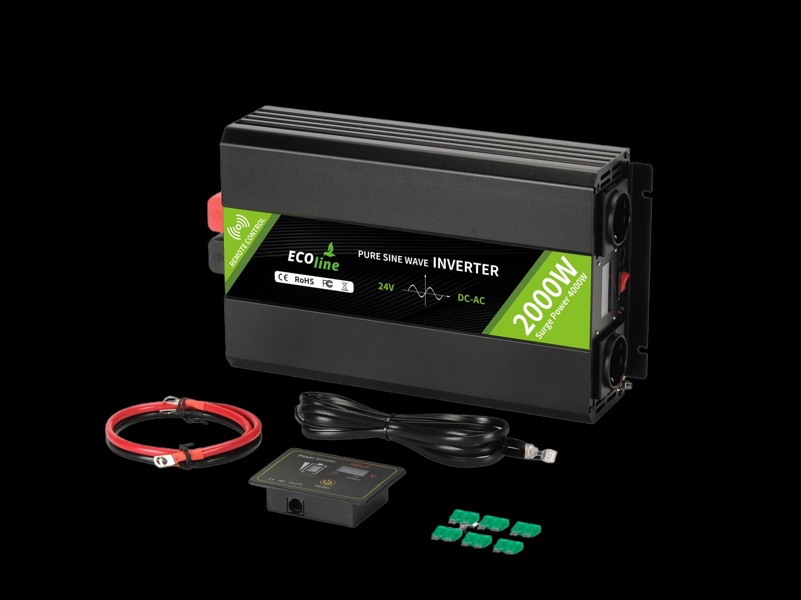 EcoLine - Omvormer 24V Naar 220V/230V - 2000w Vermogen - Zuivere sinus - Spanningomvormer - Remote Controlled