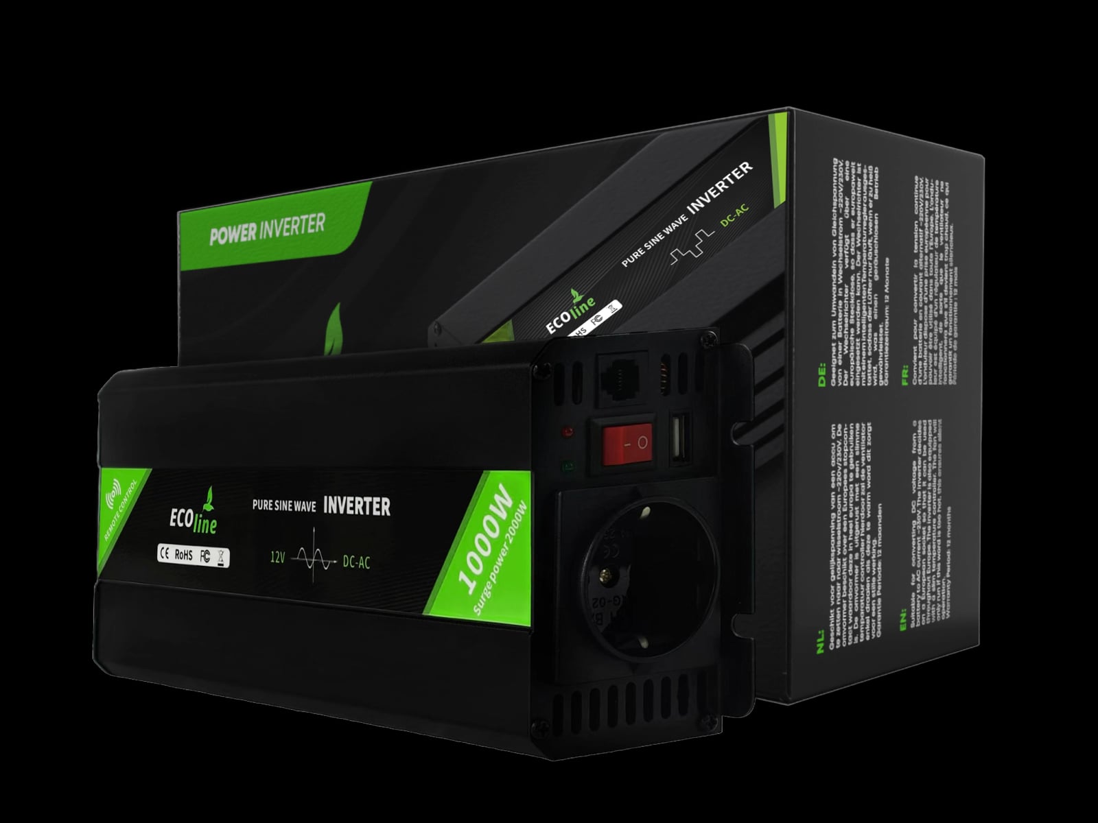 EcoLine - Inversor de 12V a 220V/230V - 1000W Onda Sinusoidal Pura - Inversor para Coche con Control Remoto