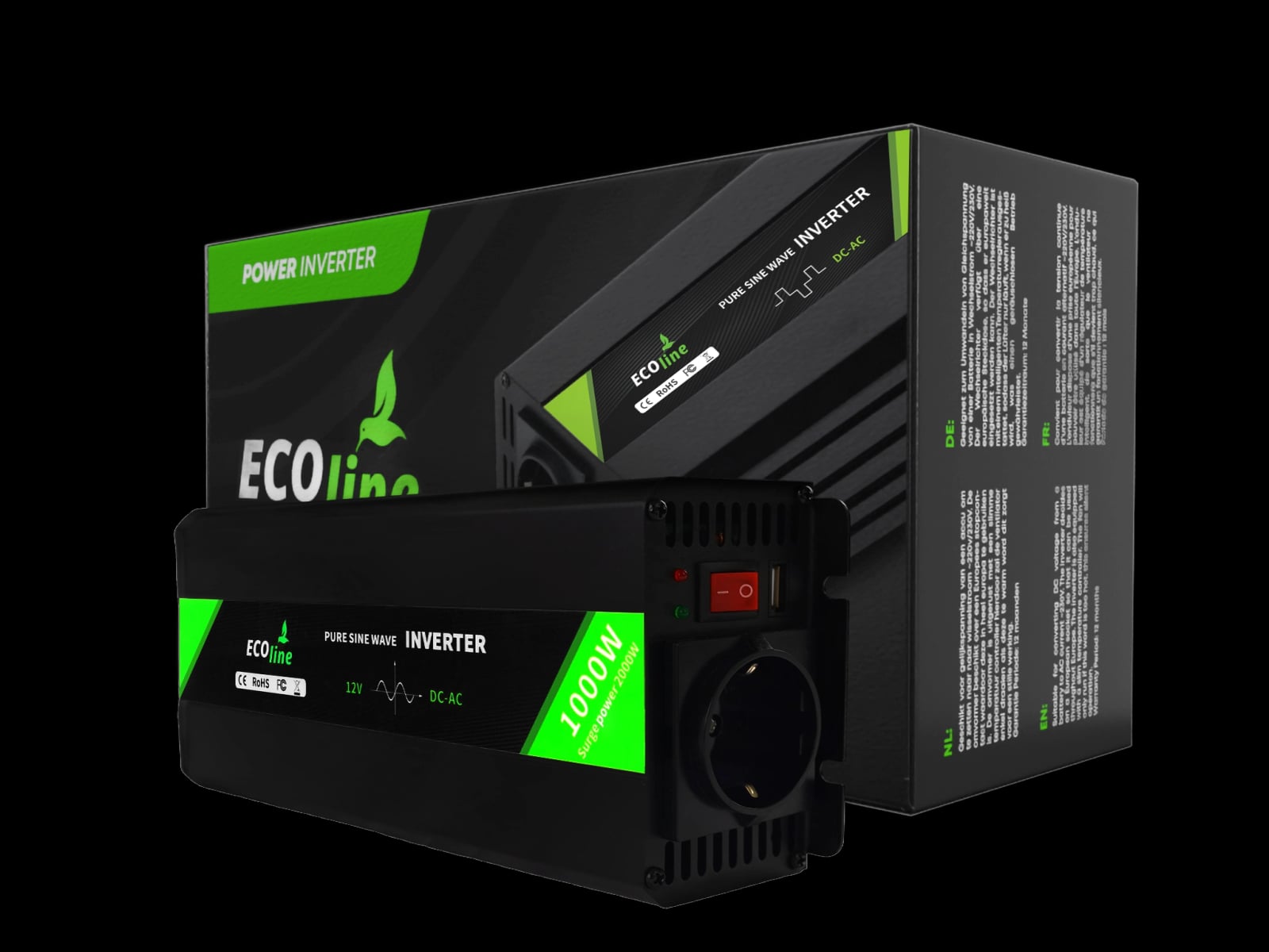 EcoLine Inversor de 12V a 230V – 1000W Continuo / 2000W Pico – Onda Sinusoidal Pura – Inversor de Voltaje para Coche, Autocaravana y Caravana