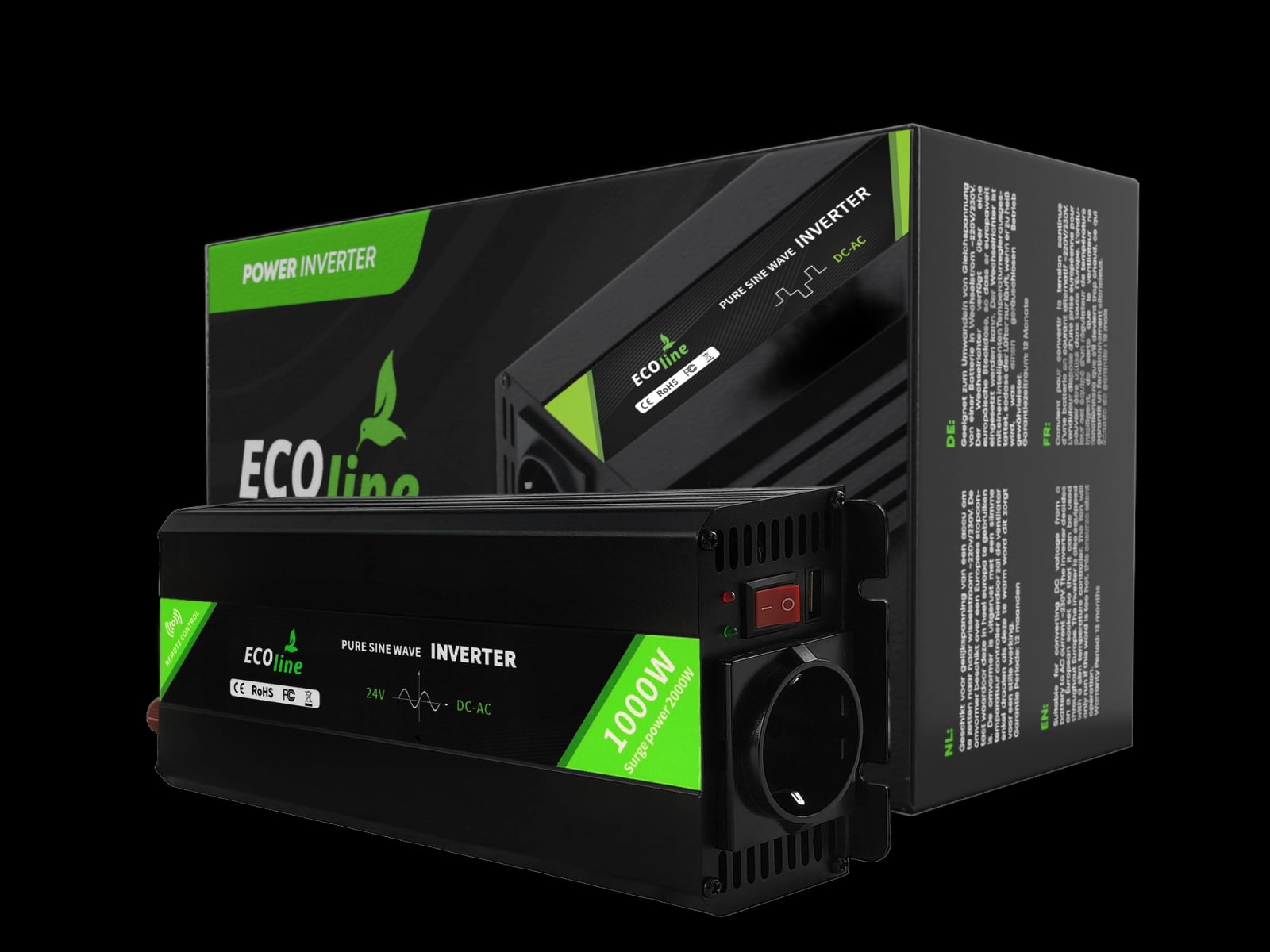 EcoLine Inversor de 24V a 230V – 1000W Continuo / 2000W Pico – Onda Sinusoidal Pura – Inversor de Coche con Control Remoto
