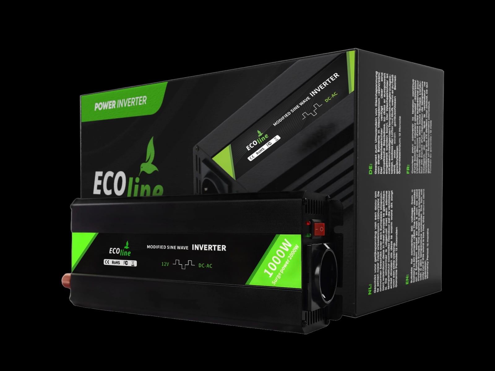 EcoLine Inversor de 12V a 230V – 1000W Continuo / 2000W Pico – Onda Sinusoidal Modificada – Inversor de Coche