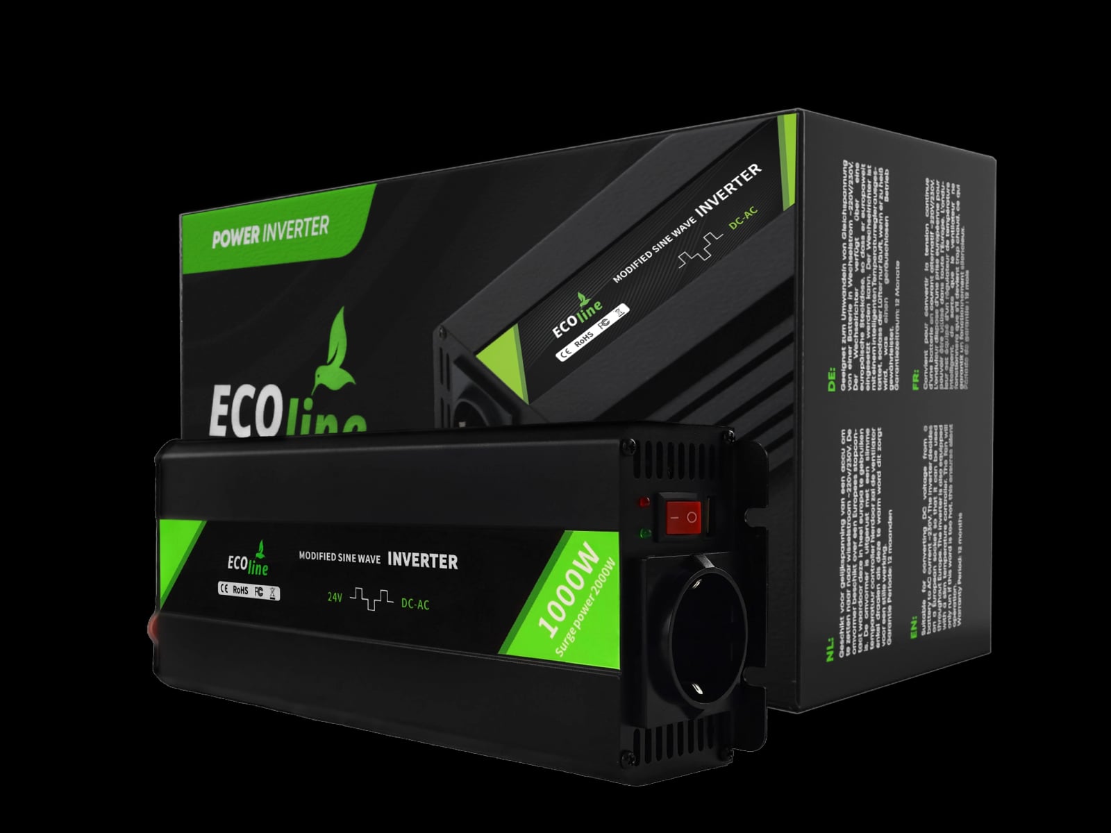 Inversor EcoLine de 24V a 230V – 1000W Continuo / 2000W Pico – Onda Sinusoidal Modificada – Inversor de Coche para Autocaravana y Caravana
