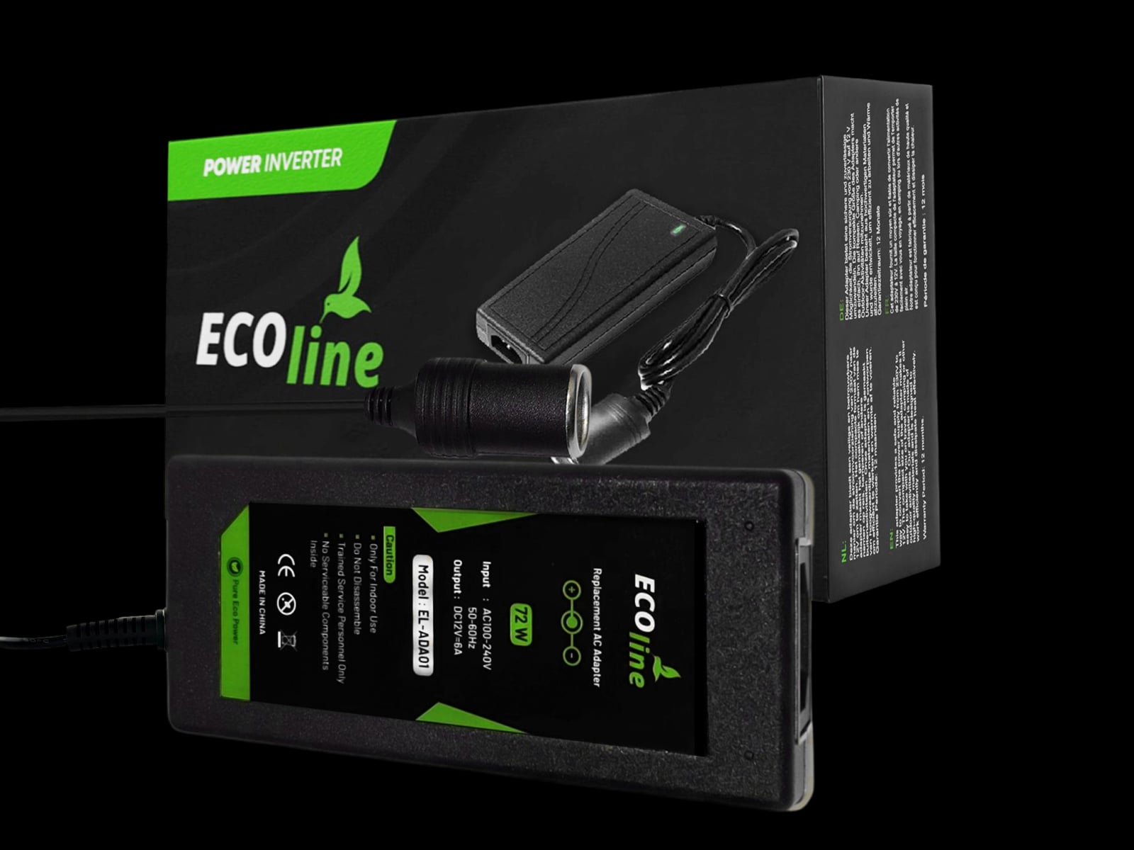 EcoLine - Adapter 230V auf 12V Anschluss 72W - Konverter AC auf DC - für Kühlbox - Schwarz