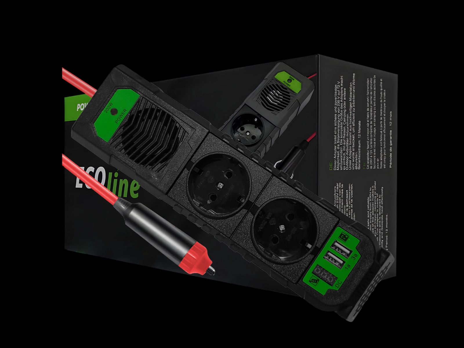 EcoLine - Auto-Wechselrichter 12V auf 220V/230V - 200W Steckdosenleiste/Steckdose für das Auto mit 2x USB