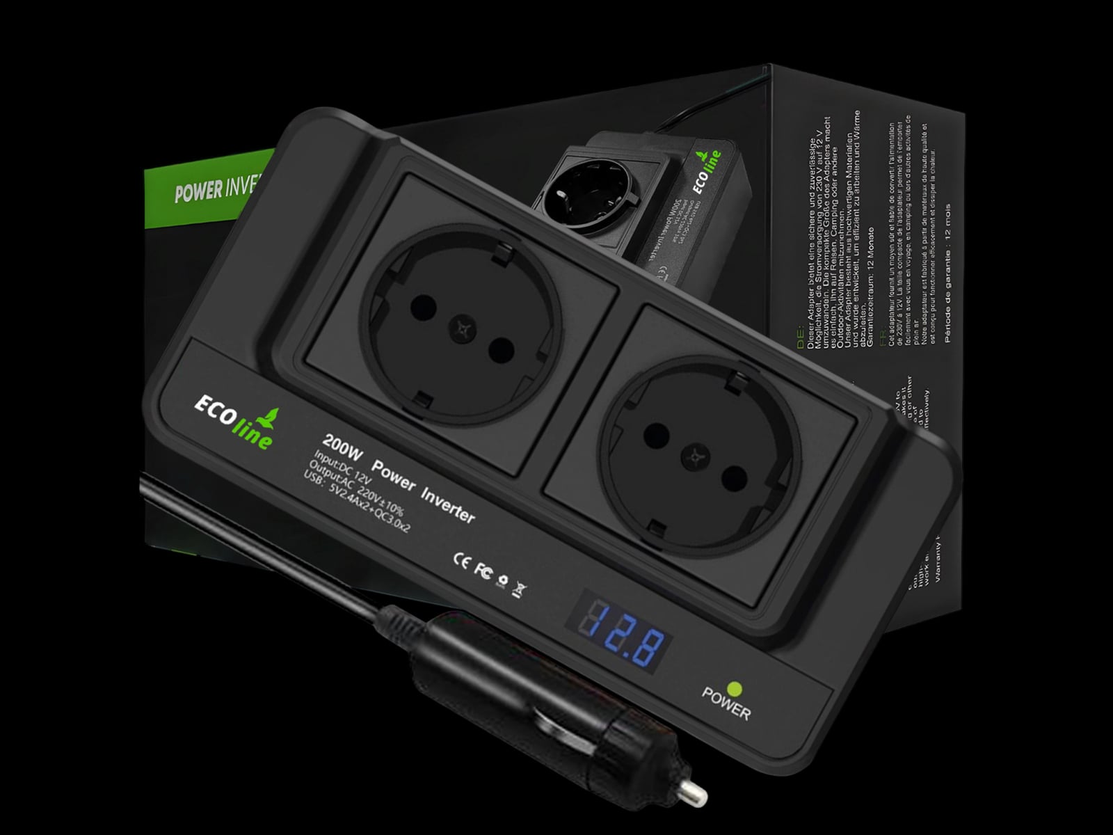 EcoLine - Auto-Wechselrichter 12V auf 220V/230V - 200W Autoladegerät - Steckdose für das Auto mit 4x USB - Splitter