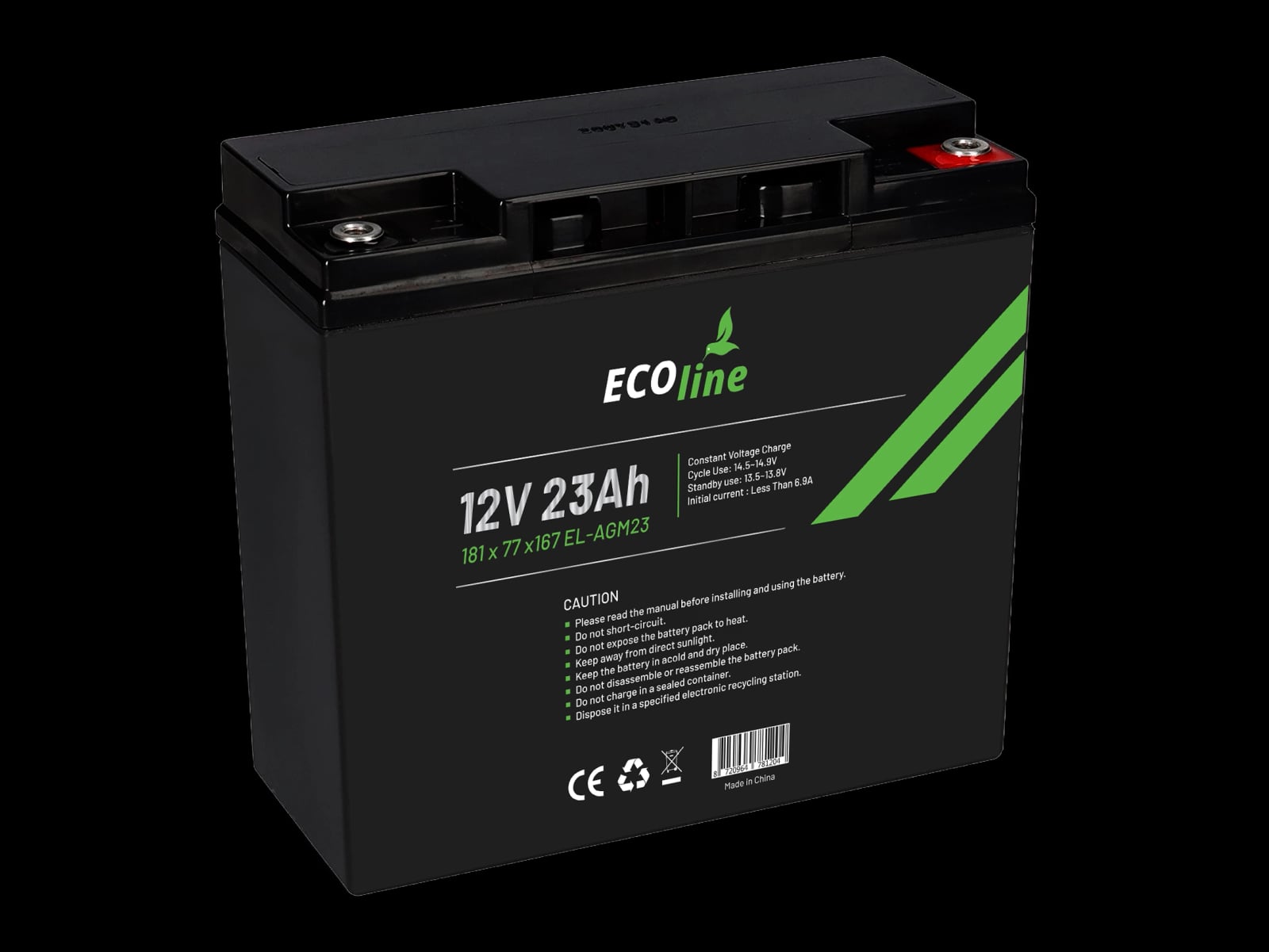 EcoLine - AGM 12V 23AH 23000mAh VRLA Battery - 181 x 77 x 167 - Deep Cycle Battery