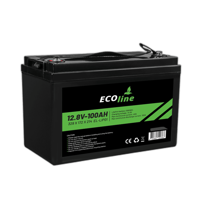 EcoLine – LifePo4 12V 100AH ​​– 100.000 mAh Lithium-Batterie – 329 x 172 x 214 – Deep-Cycle-Batterie + Bluetooth