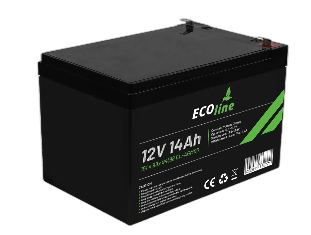EcoLine – AGM 12 V 14 Ah – 14000 mAh VRLA-Batterie – 151 x 98 x 94 (98) – Deep-Cycle-Batterie