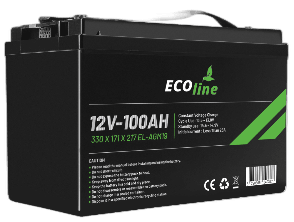 EcoLine – AGM 12V 100AH ​​– 100.000 mAh VRLA-Batterie – 330 x 171 x 217 – Deep-Cycle-Batterie
