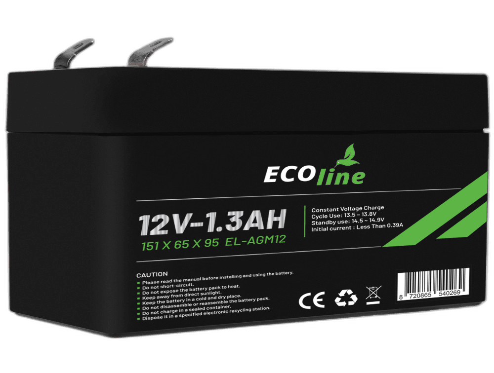 EcoLine – AGM 12 V 1,3 Ah – 1300 mAh VRLA-Batterie – 151 x 65 x 95 – Deep-Cycle-Batterie
