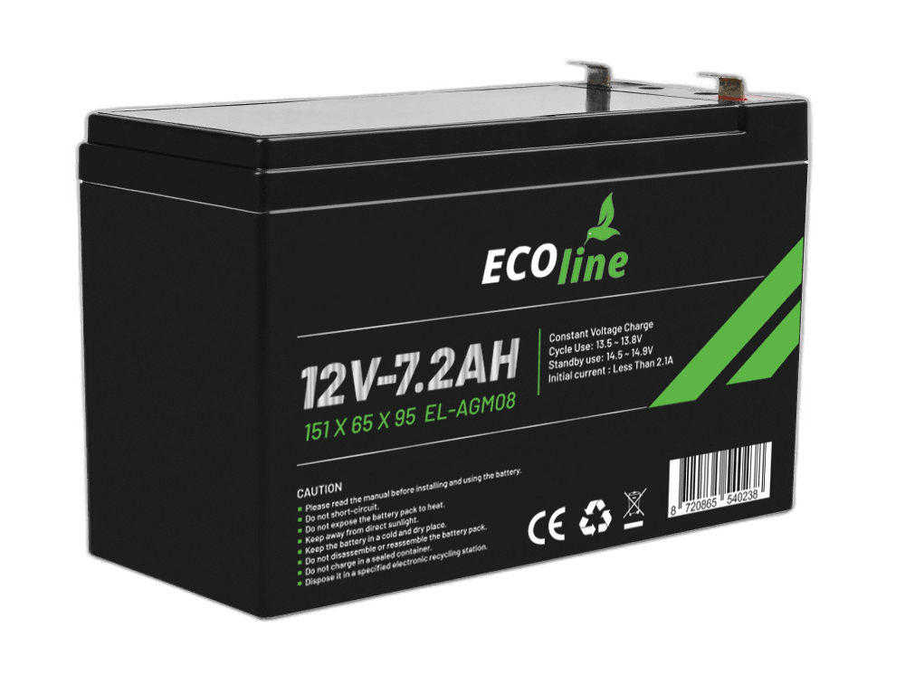 EcoLine – AGM 12 V 7,2 Ah – 7200 mAh VRLA-Batterie – 151 x 65 x 95 – Deep-Cycle-Batterie