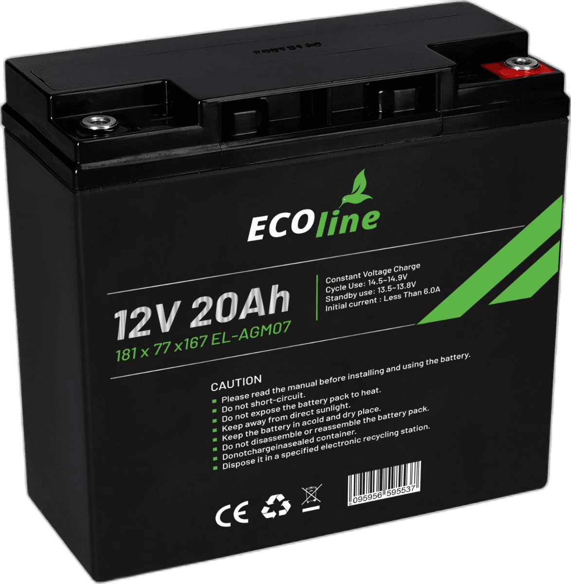 EcoLine – AGM 12 V 20 Ah 20.000 mAh VRLA-Batterie – 181 x 77 x 167 – Deep-Cycle-Batterie
