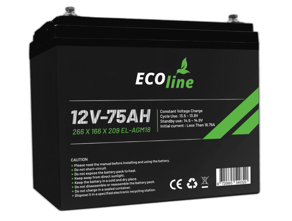 EcoLine – AGM 12 V 75 Ah – 75.000 mAh VRLA-Batterie – 266 x 166 x 209 – Deep-Cycle-Batterie