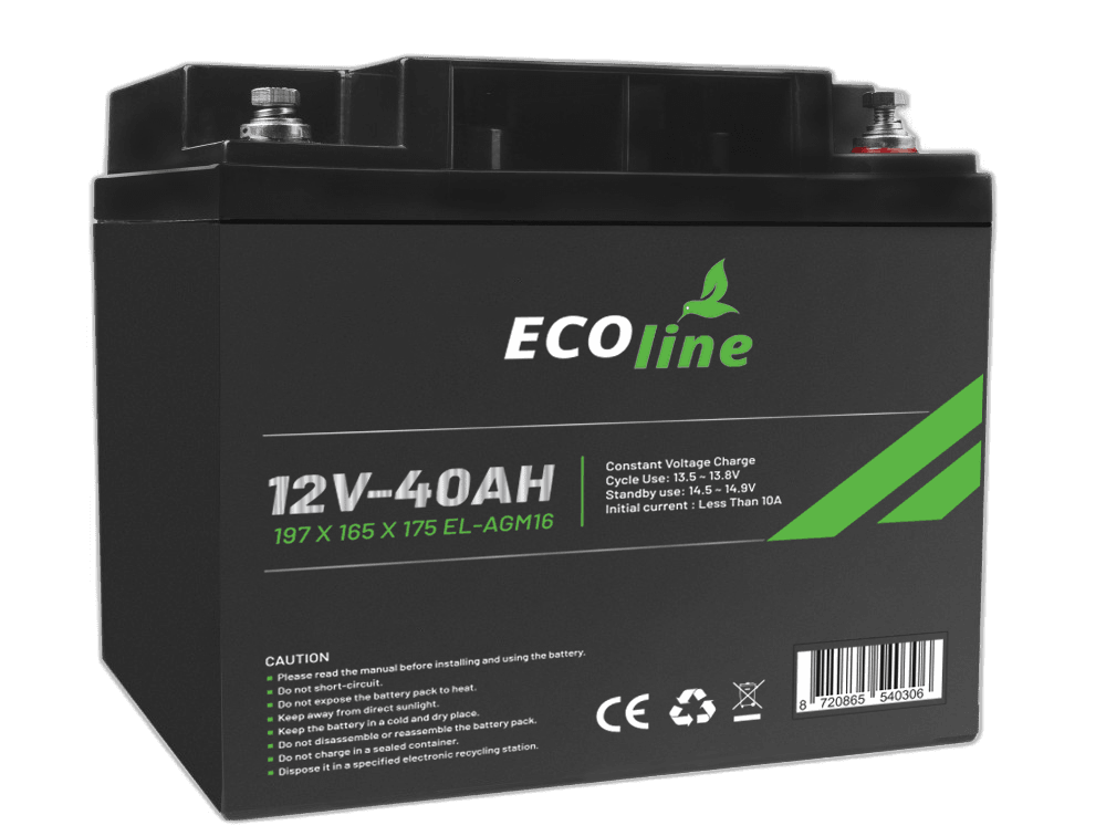 EcoLine – AGM 12 V 40 Ah – 40.000 mAh VRLA-Batterie – 197 x 165 x 175 – Deep-Cycle-Batterie